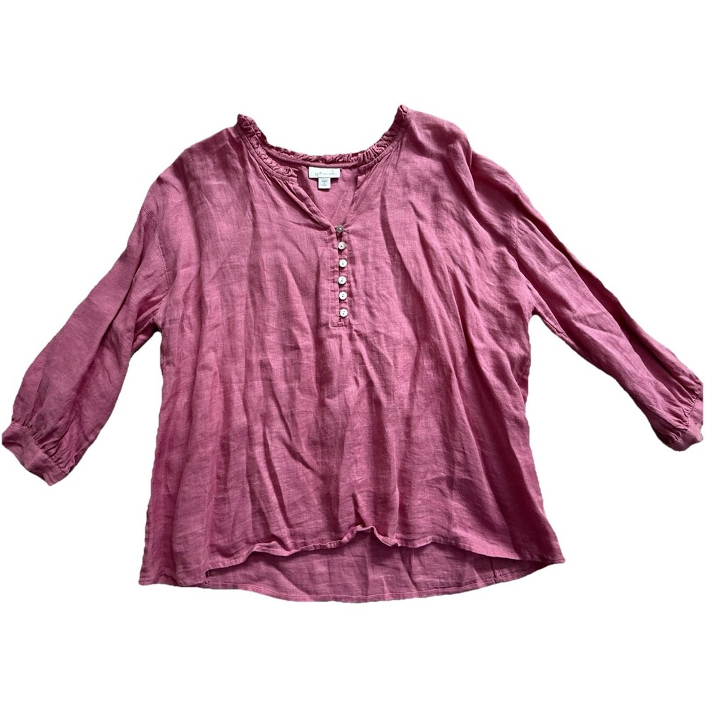 J. Jill Love Linen‎ Ruffle Neck Button Front Popover Blouse Pink Size Small